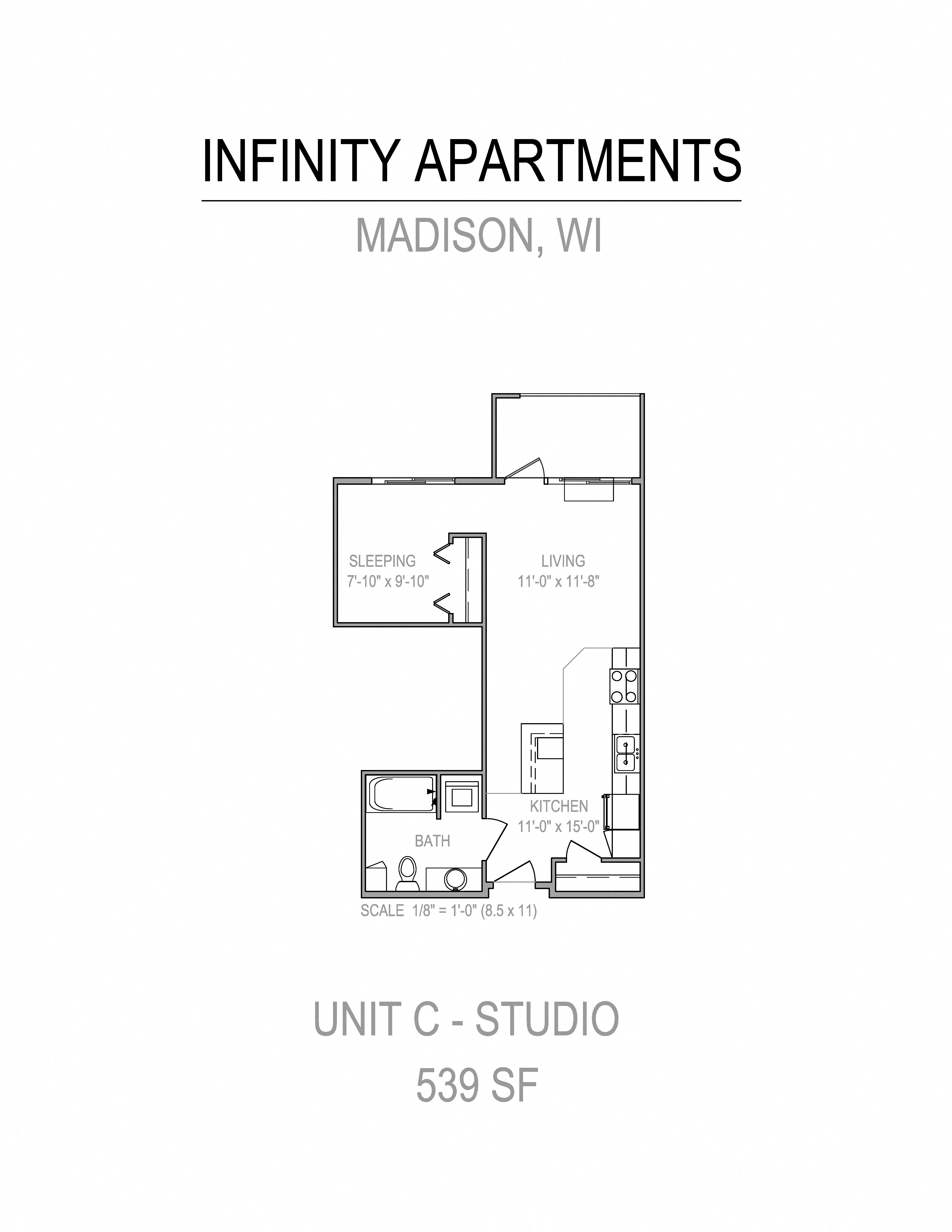 Floor plan for studio, 1 bath, 539 sqft